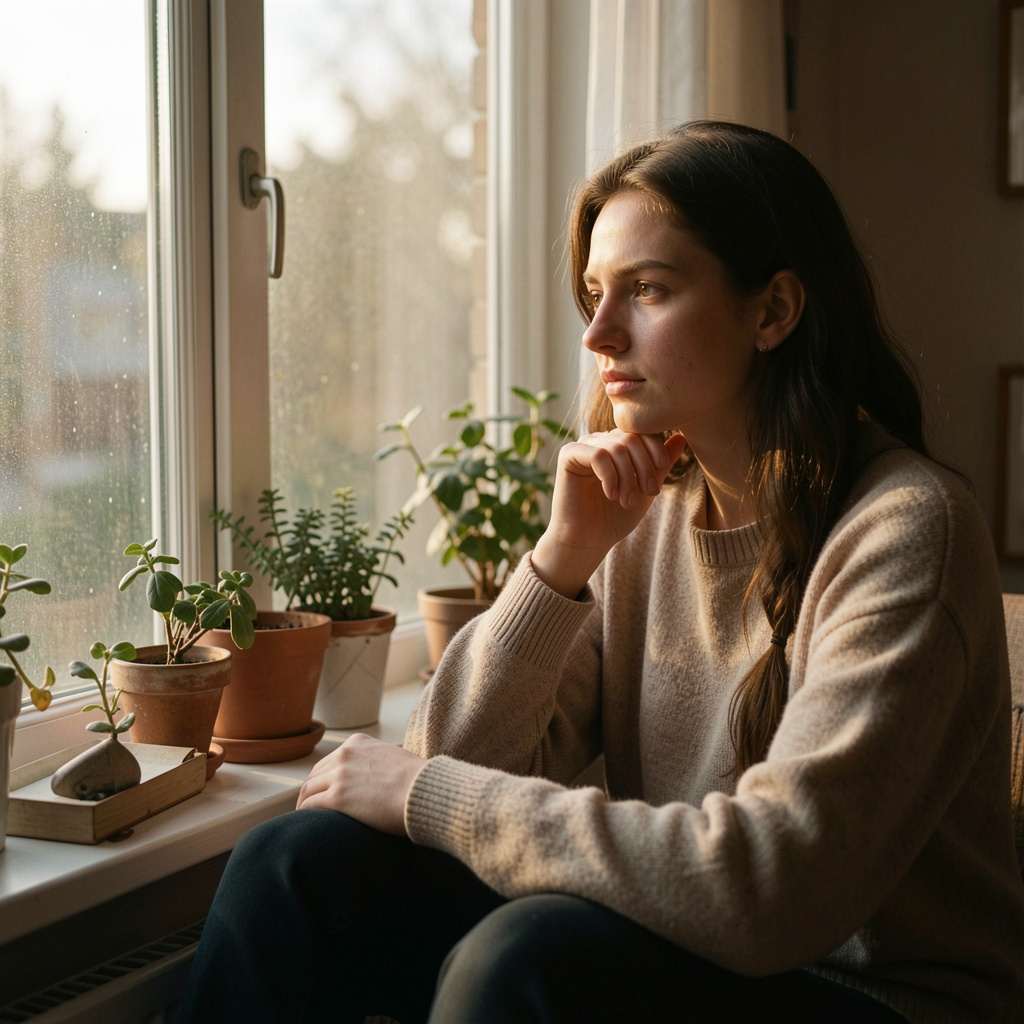 Person som reflekterar över sitt välbefinnande